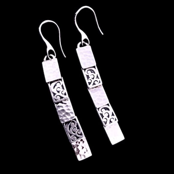 LOIS HILL Sterling Silver Drop Dangle Alternating Hammered Filigree Earrings - Picture 7 of 16